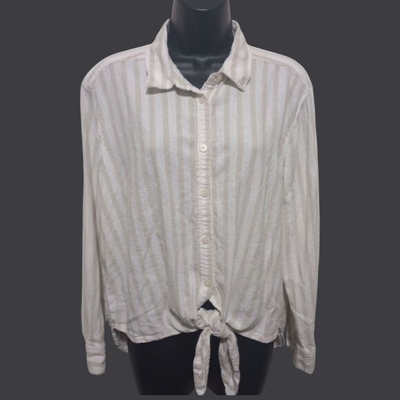 Loft Linen Blend Front Tie Beachy Striped Casual Shirt Women's Size L - Picture 2 of 10